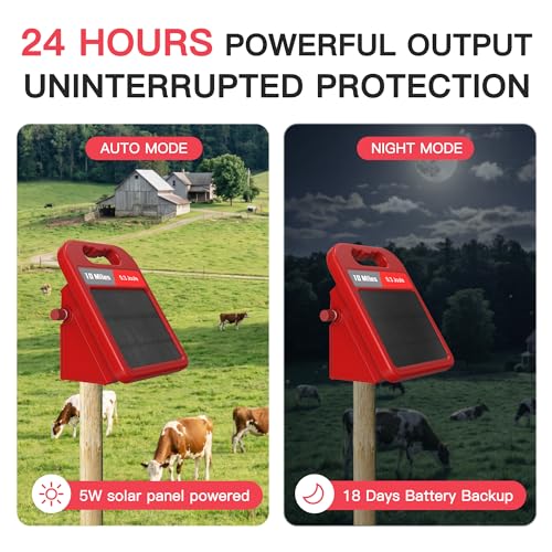 10 Mile Solar Fence Charger 0.3J Electric Fence Energizer with Day Night Mode 24-Hour Protection Red - size: 0.3J-Hong