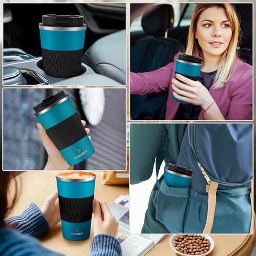 MMOMSIV 12oz Travel Coffee Mug, Insulated Coffee Cup with Leak-proof Lid - color: B-Dark Blue-12oz