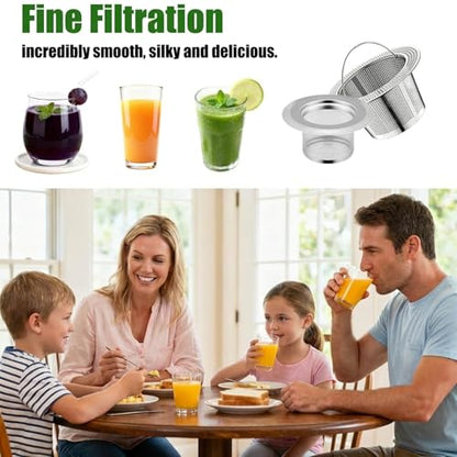 2Pack 304 Stainless Steel Juice Strainer for Nama J2, Hands-Free Pulp Strainer for Juicing, Reusable Fine Mesh Sieve Cap for Cups, Large 5.5in & Small 4.5in for Kitchen, Tea, Soy Milk