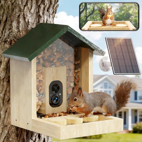 Wooden Squirrel Feeder with Camera, Solar-Powered, 2K HD+ Video | Cloud Storage, Large Capacity, Ideal for Squirrel Lovers