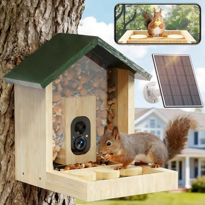 Wooden Squirrel Feeder with Camera, Solar-Powered, 2K HD+ Video | Cloud Storage, Large Capacity, Ideal for Squirrel Lovers