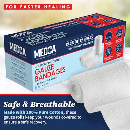 Gauze Bandage Rolls - (480 Pack) 2 in x 4.1 Yards Per Roll of Medical Grade Gauze Bandage and Stretch Wrapping for Dressing All Types of Wounds and First Aid Kit by MEDca, (2-Inch, 480 Pcs)
