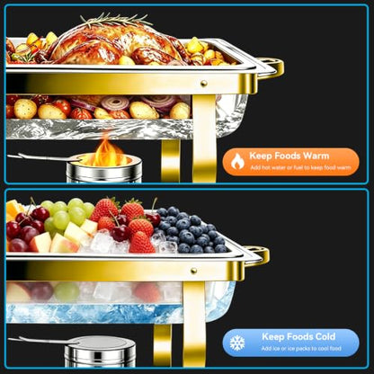 9QT Chafing Dishes for Buffet 4 Pack with 7 Multi-Size Food Pans - color: Silver + Golden