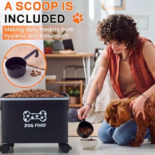 Moxweyeni Dog Food Container 13 lb Cute Airtight Food Storage Containers with Metal Lid Scoop Black Metal Storage Bin for Dog Cat with Wheels