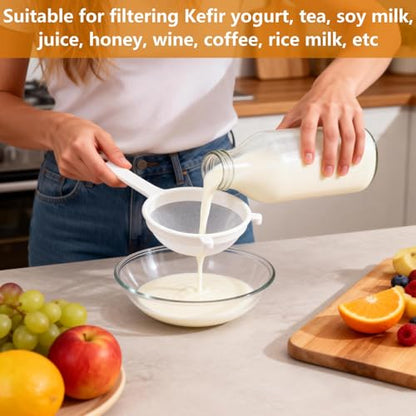 5Pcs Kefir Strainer Set, Plastic Nylon Mesh Strainers with Handle Double Ear Fine Mesh Colander Flour Sifter for Yogurt Baking Kitchen Kefir Tea Juice Pasta（5 Sizes）