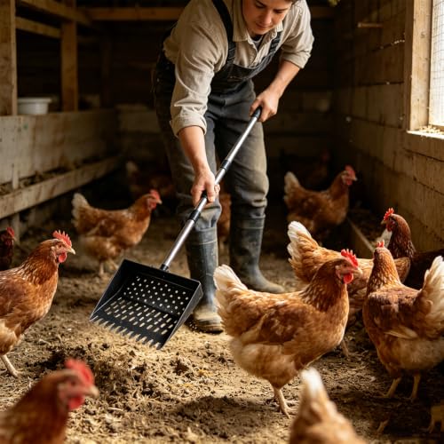 2-in-1 Chicken Poop Scooper & Rake, Telescopic Stainless Steel Handle, Multifunctional Chicken Coop Cleaner for Sand, Bedding and Manure Cleaning