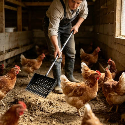 2-in-1 Chicken Poop Scooper & Rake, Telescopic Stainless Steel Handle, Multifunctional Chicken Coop Cleaner for Sand, Bedding and Manure Cleaning