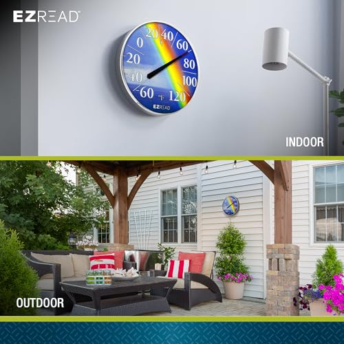 EZREAD Hanging Dial Thermometer 840-1220 Weather Thermometers for Indoor and Outdoor Use, Large 12.5 Inch Diameter, Easy to Read Numbers, Rainbow, Blue/Red/Yellow - color: Rainbow