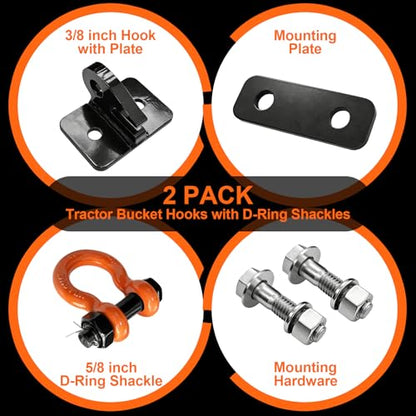 3/8 inch Tractor Bucket Hooks with 5/8 inch D-Ring Shackles