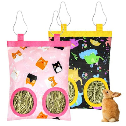 2 Pack Rabbits Hay Feeder Bag, 2 Holes Hanging Bunny Hay Feeder Guinea Pig Feeding Bag Storage Dispenser for Bunny Rabbits Chinchillas Hamsters Small Pets and Animals - color: Pink Yellow