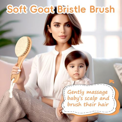 Baby Hair Brush, Wooden Goat Bristles Hair Brush with Silicone Hair Scrubber Cradle Cap Brush for Newborn, Toddler, Boys, Girls Perfect Scalp Grooming Product (Pink)