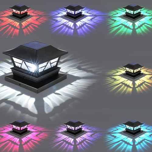 Solar Post Lights Outdoor Waterproof RGB Color Changing Modes Fence Post Cap Lights, Deck Post Lights Solar Powered for 4x4 5x5 6x6 Wooden or Vinyl Yard Garden Patio Decor, Black(8 Pack) - size: 8 Pack
