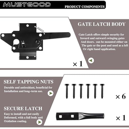 Gate Latch for Wood Fence, Heavy Duty Self Locking, Automatic Release, Black