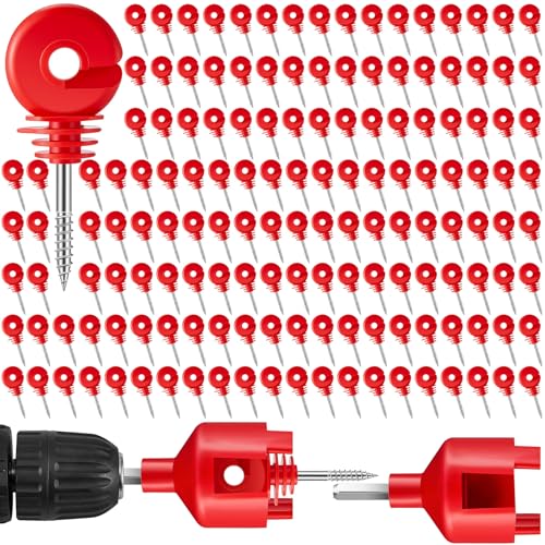 Sweetude 200 Pcs Electric Fence Insulator with 1 Pcs Insulator Socket Tool Screw in Ring Post Wood Post Electric Fence Ring with Socket Tool for Animal(Red) - color: Red