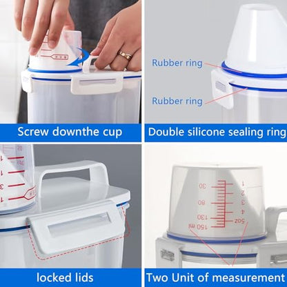 5.5 Lbs Rice Airtight Dry Food Storage Container Set of 4, Rice Storage Bin Cereal Containers Dispenser, Thicken Plastic Clear Food Storage Box with Pouring Spout, Measring Cup for Grain, Flour Snacks | BPA Free, Airtight Lid, with Pouring Spout, Clear, f