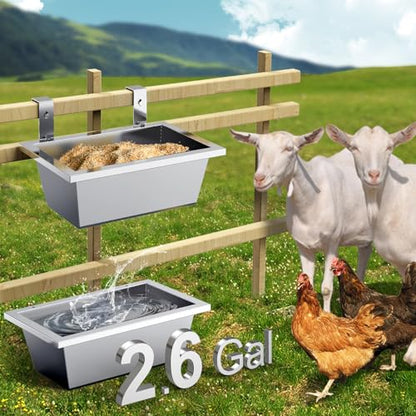 Livestock Water Trough Feeding Trough Set Goat Feeder Hanging 2.6Gal Stainless Steel Horse Trough,Chicken Feeder for Dog Livestock Deer Poultry Duck Sheep Feeding Container Piglet Feeders