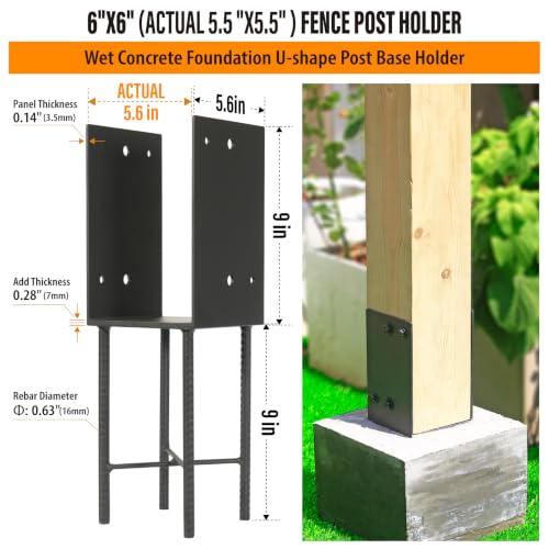 2 pack Heavy Duty Stainless Steels U-Shape 6"x6"(Actual 5.5"x5.5") Wet Concrete Fence Post Holder for Terrace psot base, Wood Gazebo, Fences, Deck railings wood post bracket anchors (Dark Grey) - size: 6"x6"(Actual 5.5"x5.5")