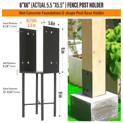 2 pack Heavy Duty Stainless Steels U-Shape 6"x6"(Actual 5.5"x5.5") Wet Concrete Fence Post Holder for Terrace psot base, Wood Gazebo, Fences, Deck railings wood post bracket anchors (Dark Grey) - size: 6"x6"(Actual 5.5"x5.5")