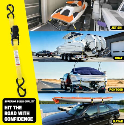 Boat Tie Down Straps to Trailer, 1 Inch x 4 FT Boat Transom Straps, 2100 LBS Break Strength with Security Lock S Hooks, Adjustable Boat Straps for Trailer, Jet ski, Boat, Kayak - color: Yellow