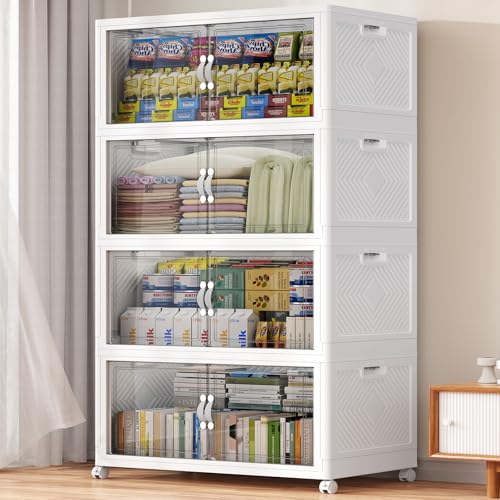 BROVIEW 640QT Large Stackable Storage Bins with Clear Doors, V20 4Pack | 160Gal Plastic Closet Organizer Cabinet with Lid and Wheels, Collapsible Latch Box Folding Drawer for Home, White - size: 160QT-4Pack