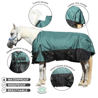1200D Horse Blanket, 200g Medium Weight Waterproof Winter Turnout - color: Green Black, size: 81"