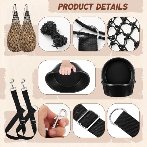 6 Pcs Horse Supplies Set 2 Hay Bags 2 Heavy Duty Rubber Feed Pans 2 Horse Bucket Strap Hangers for Slower Feeding Hay Bag Hanging Stable Trailer