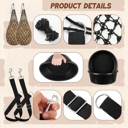 6 Pcs Horse Supplies Set 2 Hay Bags 2 Heavy Duty Rubber Feed Pans 2 Horse Bucket Strap Hangers for Slower Feeding Hay Bag Hanging Stable Trailer