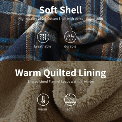 Men's Cotton Plaid Shirt Jacket Fleece Flannel Sherpa Button Down - color: Dark Blue, size: Medium