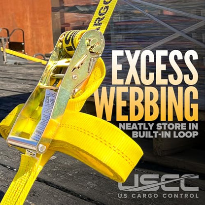 US Cargo Control Wire Hook Ratchet Straps 2 Inch x 12 Foot (4-Pack), 10,000 LBS Break Strength, Yellow 2 Inch Ratchet Straps Heavy Duty with J Hooks, Heavy Duty Tie Downs for Trailers and Trucks
