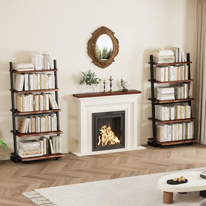 IBF 5-Tier Solid Wood Ladder Bookshelf with Natural Live Edge - size: 5-Tier