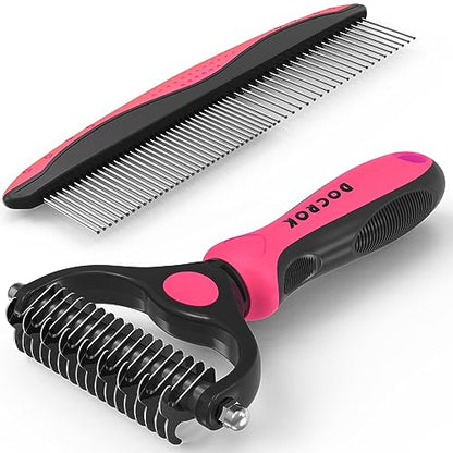 Docrok Pet Grooming Brush and Metal Comb Combo for Dogs & Cats, Pink | Dematting Deshedding Undercoat Rake, Cat Brush Dog Brush Shedding Tool for Long Matted Haired Pets - color: Pink