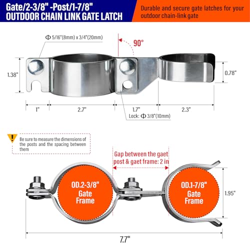 Heavy Duty Stainless Steel 2-3/8" x 1-7/8" Chain Link Fence Gate Fork Latch with Hole for Padlock（Fit 2 3/8" Gate Frame） 1Pack - size: 2-3/8''x1-7/8''-1P