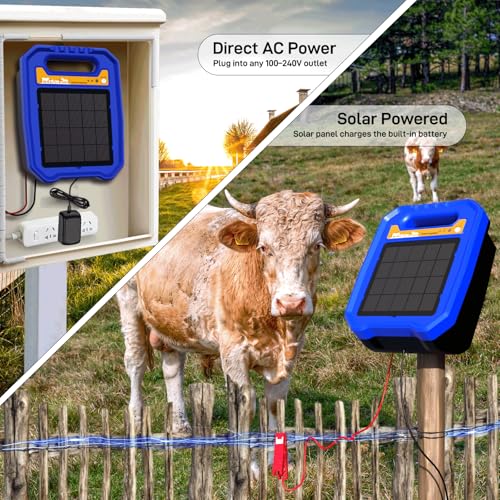 Livestock Fence Charger - Solar Powered Electric Fence Charger with Lithium Battery, Low Power Consumption Fencing Controller for Garden Ranch Farm Up to 5 Miles