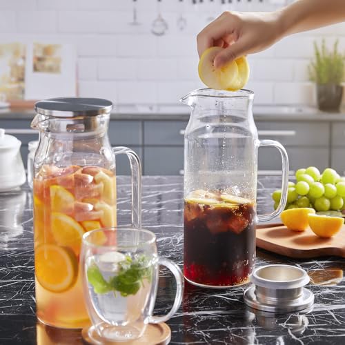 Bivvclaz 1.6 Liter 54 oz Glass Pitcher with Lid and Handle, Glass Carafe Water Pitcher for Hot/Cold Water, Iced Tea, Drinks, Coffee, Juice and Homemade Beverage - color: Clear, size: 54 Ounces