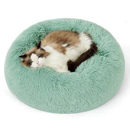 Bedsure Calming Cat Beds Donut Round Washable Kitten Bed,20 inches | Fluffy Faux Fur Cuddler,Anti-Slip Bottom,Anti-Anxiety,Deep Sleeping for Cats&Small Pets Up to 15 Lbs,Apple Green - color: Apple Green, size: 20"L x 20"W x 6"Th