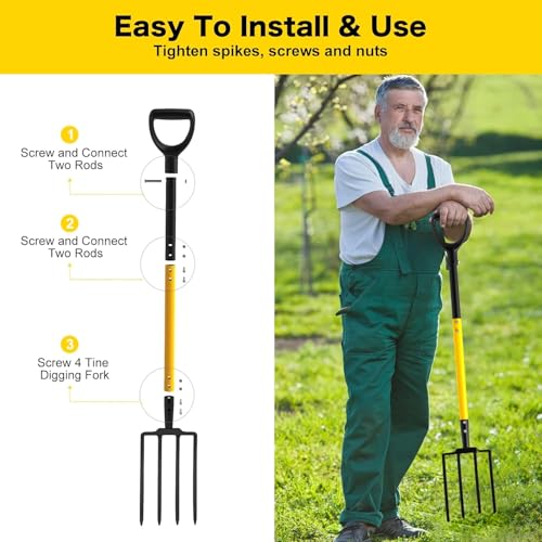 Pitch Fork, 4 Tine Heavy Duty Garden Fork Ergonomic Handle for Gardening