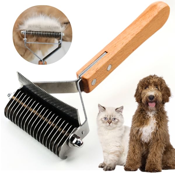 2 in 1 Undercoat Rake for Dogs and Cats, Professional Grooming Brush Dematting & Shedding Comb to Remove Loose Hair, Matted Fur Efficiently, Perfect for Poodle, Doodle & All Long Haired Pets - color: Wood