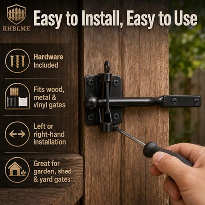 RHBLME 2 Pack Gate Latch for Wooden Fence, Gravity Self Locking Black Door Lock Heavy Duty Wood Metal Door Hardware Kit Stainless Steel Latches Automatic Closing for Outdoor Garden Yard Pool