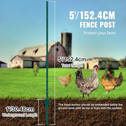 VEVOR 5 Feet Fence Post, 10 Pack U-Channel Heavy Duty Metal Fence Posts with 30 Zip Ties & 20 Clips, Sturdy Steel Fence Stakes for Garden Yard, Lawn, Farms and Outdoor Wire Fencing, Green - size: 5 Feet 10 Pack