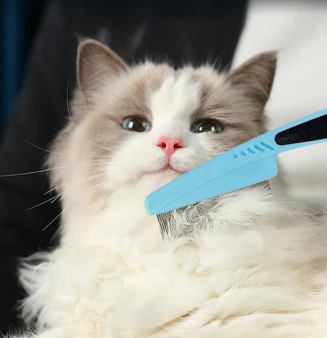 Bestac Pet Grooming Stainless Steel Flea Lice Comb Tear Stain Remover & Dematting Tool Rounded Teeth for Small, Medium, Large Dogs & Cats (Blue)