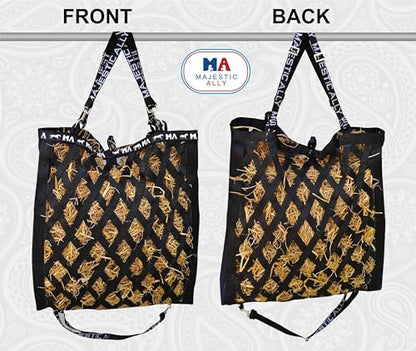 Majestic Ally Double Side Open Slow Feeder Hay Bag - Diamond shaped Obliquely Placed Webbing (Black) - color: Black