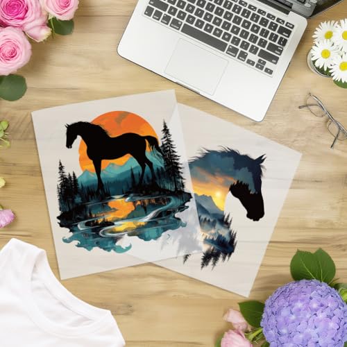 arricraft 9 Sheets Horse Sunset Scenery Iron on Decals Patches, Sunset Birds Forests Streams and Other Patterns Transfer Stickers PET Washable Patches for DIY Clothes Decor, 9.05 inch(23cm) Long - style: Horse Sunset Scenery Theme