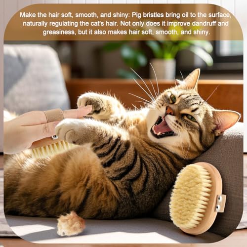 Soft Boar Bristle Pet Palm Brush for Short Haired Dogs and Cats, Ergonomic Pet Brush with Band, Natural Bristle Grooming Brus-h for Gentle Massage/Reduces Shedding(COLOR:Wood)
