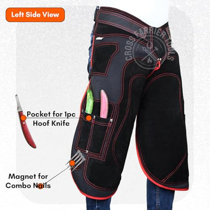 – Premium Cowhide Leather Farrier Apron | Adjustable Waist | Breathable Air Mesh Lining, Foam Knee Pads, Magnets & Knife Pockets | Professional Hoof Trimming Chaps (70cm - 27inch) - color: Red- Black, size: 70cm - 27inch