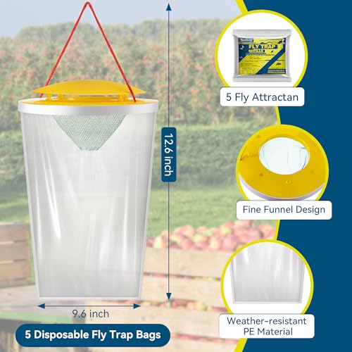 Qualirey 5 Pack Large Fly Bags with Bait, Outdoor Disposable Hanging Flies Traps, Non Toxic Fly Trap Bag, Flies Catcher Killer Helps Control Houseflies in Backyard, Ranch, Orchard, Barns, Farm
