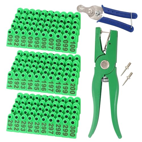 Sheep Goat Ear Tags Numbered 001-300 Plastic with Applicator Plier Tool | Livestock Ear Tags with 2 Ear Tag Pins for Sheep Goats Hogs Pigs Farm Animal Tracking Identification - color: Green, size: 001-300
