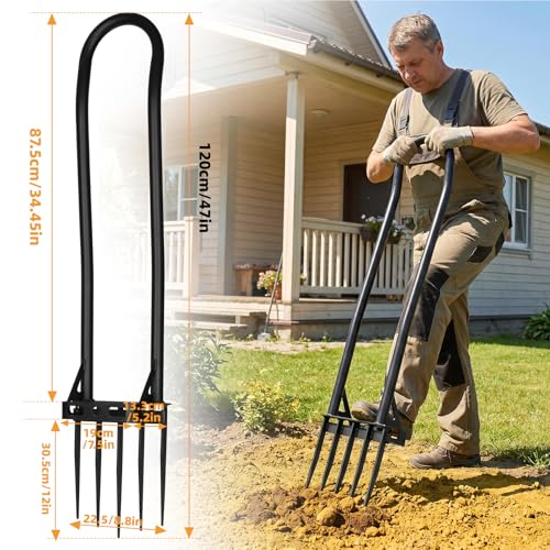 Garden BroadFork,5 Tines Heavy Duty Metal Pitchfork Hand Tiller,Integrated Potato Fork with Ergonomic U-Shaped Handle,Spading Digging Fork for Gardening,Cultivating (47" Heavy Duty BroadFork-HS)