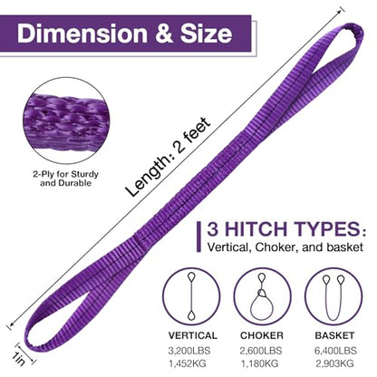 Lift Sling Straps,1" x 2' 2-Ply Heavy Duty Flat Eye Lift Slings | Polyester Lifting Strap Tree Saver Recovery Strap Web Sling Rigging Moving Tow Hoist Gear Straps Kit 3200 lb 2600 lb 6400 lb - color: Purple, size: 1" x 2’