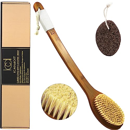 ICANdOIT-17.71Inch Natural Stiff Sisal Bristles Anti-Slip Long Handle Bath Brush,Bent Handle Shower Scrubber for Exfoliating,Shower Back Brush,Exfoliation Set with Pumice Stone(1 Pack) - size: 17.71"Stiff Sisal Bristles Back Brush+Pumice-2Pack
