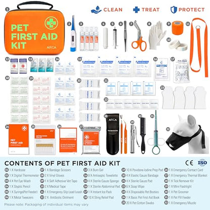 ARCA PET Cat & Dog First Aid Kit - High Visibility Reflective Zipper with Fluorescent Letter Print - 100 pcs with Dog Thermometer, Tick Remover Kit & Pet First Aid Kit Manual Book - size: CarePlus Kit